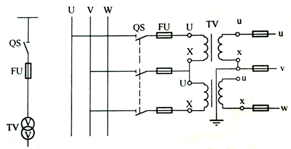 兩個單相電壓互感器V/V接線 兩個單相電壓互感器V/V接線
