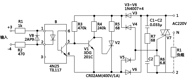 分離元件組裝單相固態(tài)繼電器的電路 分離元件組裝單相固態(tài)繼電器的電路