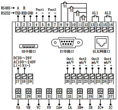 120×120mm外形尺寸電能質(zhì)量分析儀接線圖 120×120mm外形尺寸電能質(zhì)量分析儀接線圖