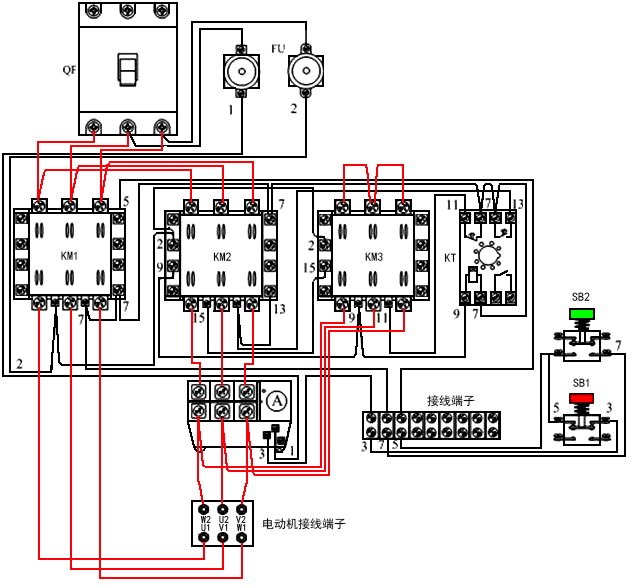 星三角降壓?jiǎn)?dòng)電路電氣元件實(shí)物連接示意圖 星三角降壓?jiǎn)?dòng)電路電氣元件實(shí)物連接示意圖