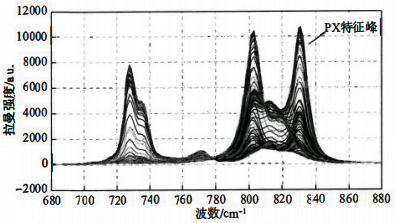 PX濃度不同的96個(gè)混合樣品的拉曼光譜 PX濃度不同的96個(gè)混合樣品的拉曼光譜