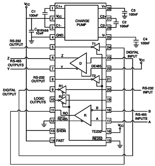 MAX3162在點對點應用中雙向轉換RS232和RS485信號 MAX3162在點對點應用中雙向轉換RS232和RS485信號