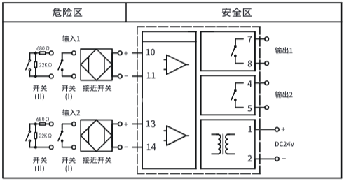 二入二出開關(guān)量安全柵接線圖 二入二出開關(guān)量安全柵接線圖
